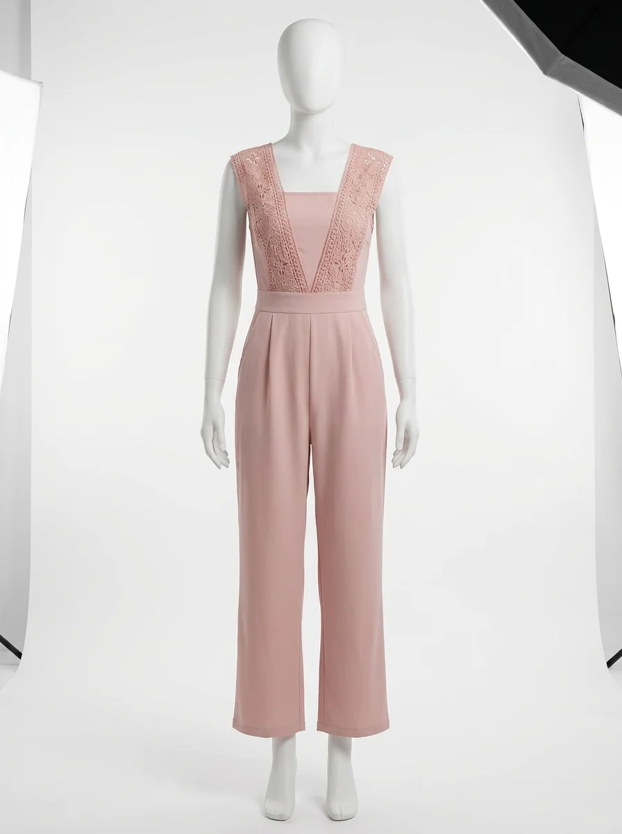 Combinaison rose coton dentelle guipure poches obliques femme
