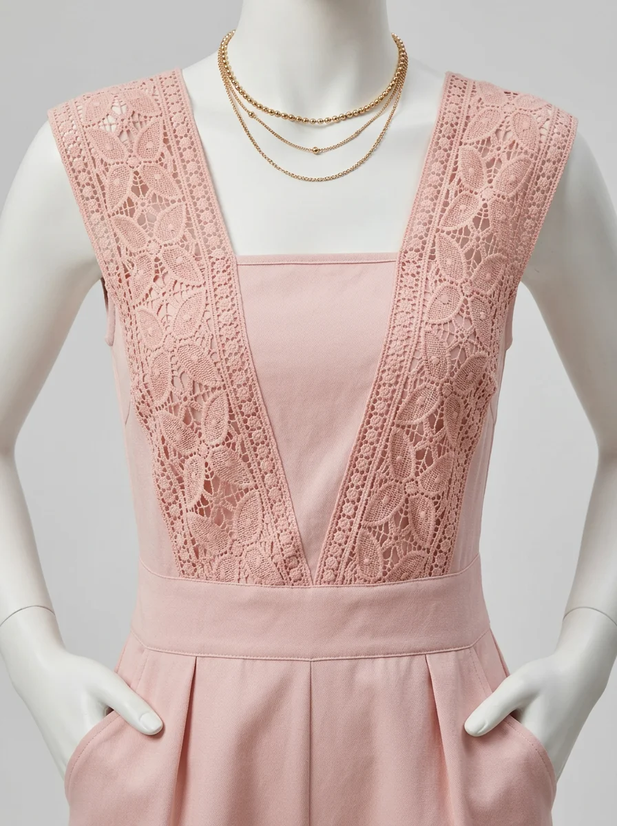 Combinaison rose coton dentelle guipure poches obliques femme – Image 10