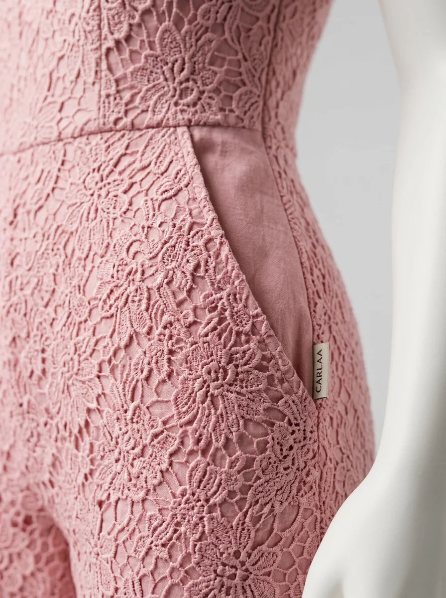 Combinaison rose coton dentelle guipure poches obliques femme – Image 11