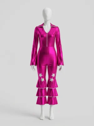 Combinaison rose élasthanne volants évasée festive disco