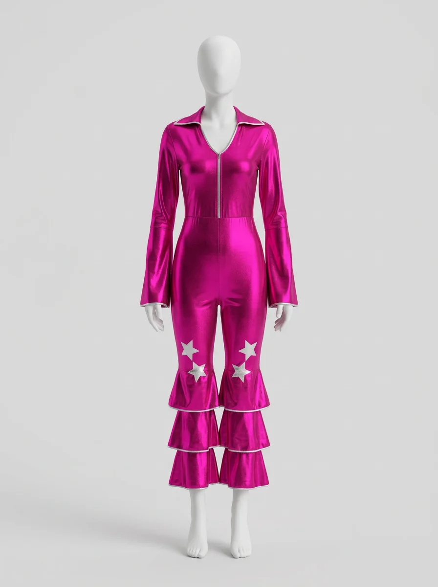 Combinaison rose élasthanne volants évasée festive disco