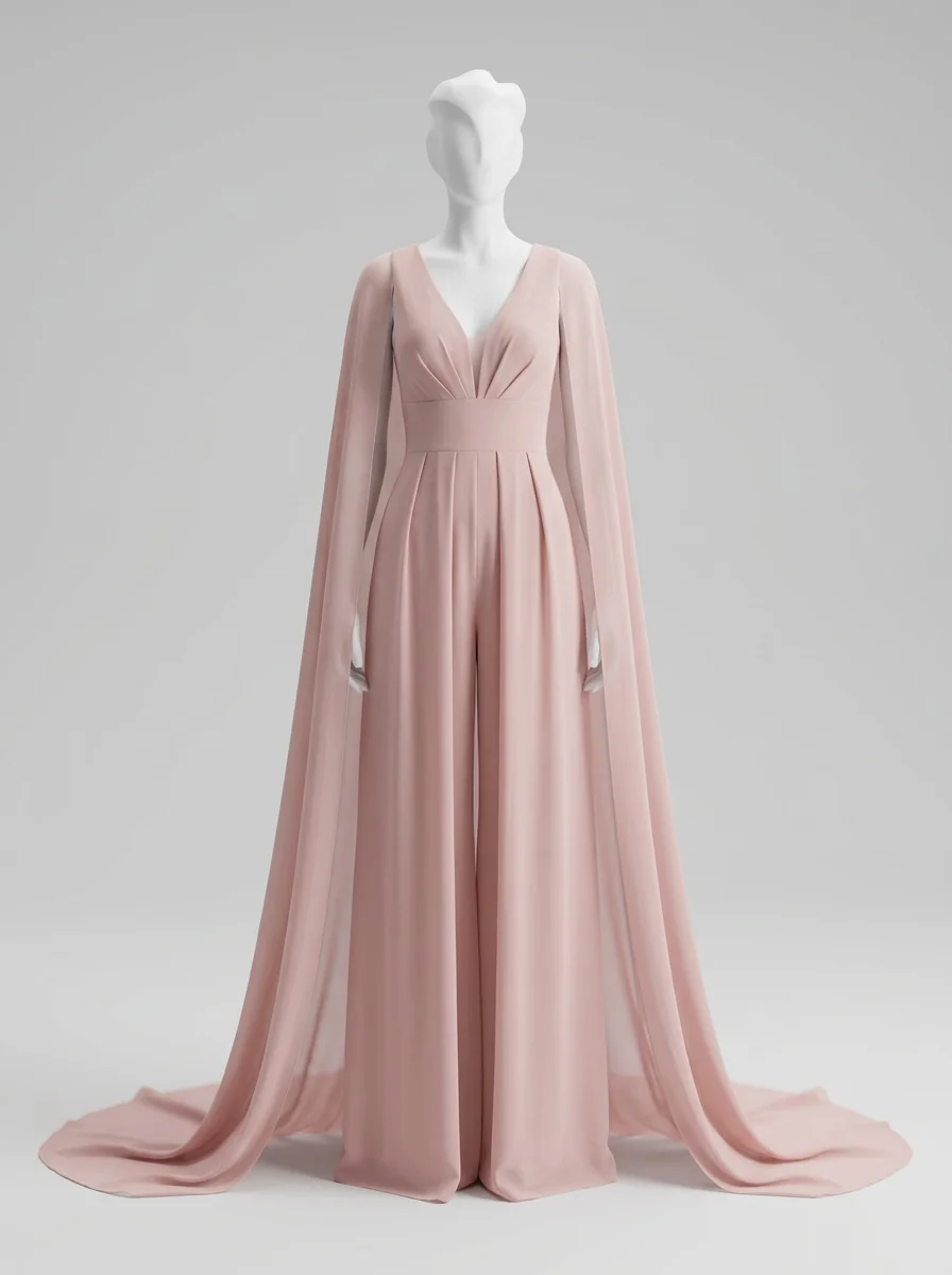 Combinaison rose mousseline avec cape mariage femme élégante – Image 8