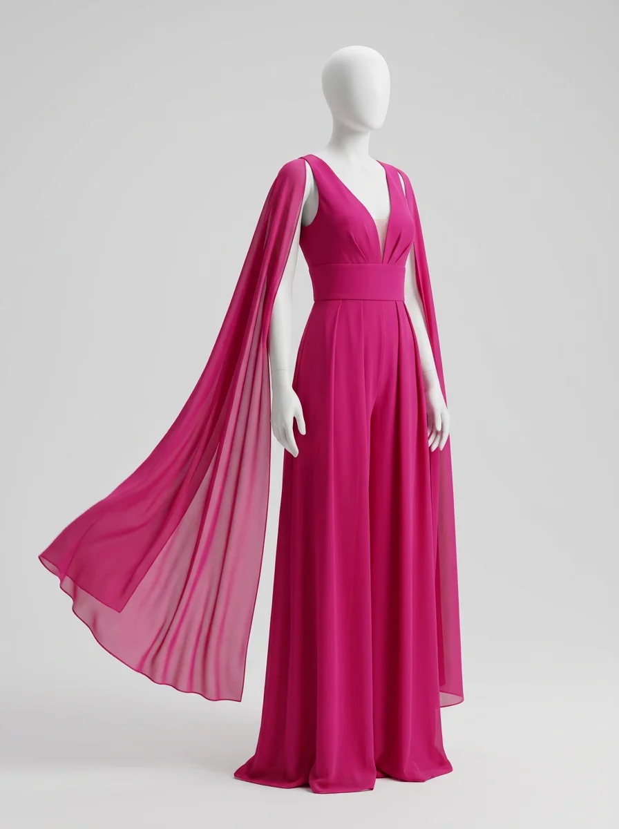 Combinaison rose mousseline avec cape mariage femme élégante – Image 2