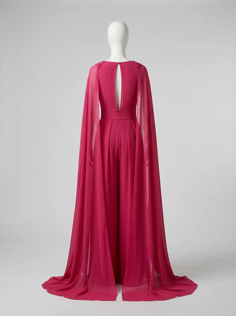 Combinaison rose mousseline avec cape mariage femme élégante – Image 3
