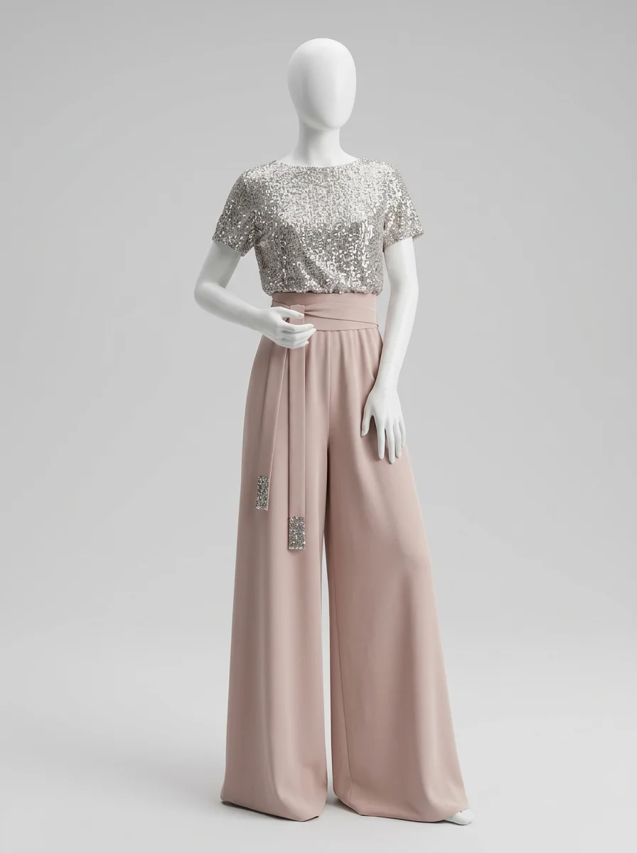 Combinaison rose pailletée fluide soirée pantalon large femme – Image 5