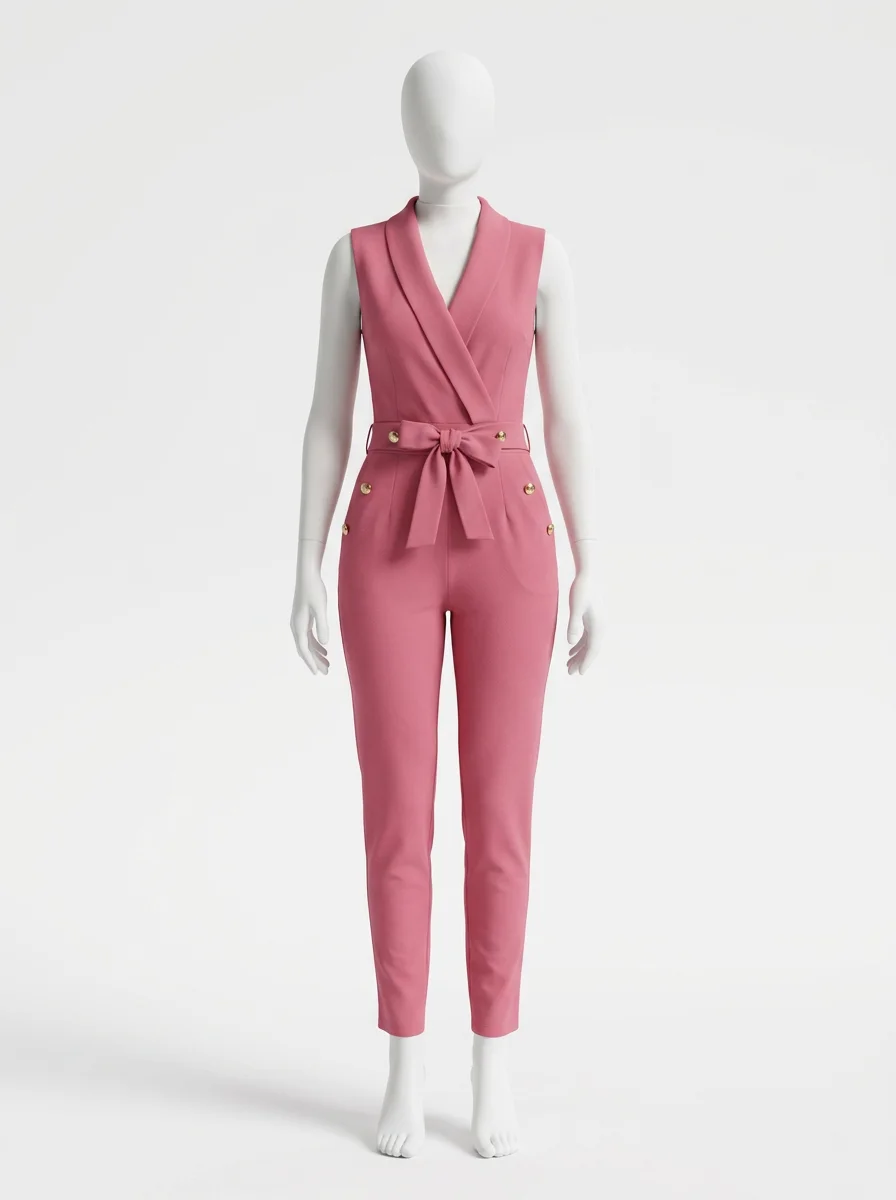 Combinaison rose boutons dorés ceinture nouée élégante