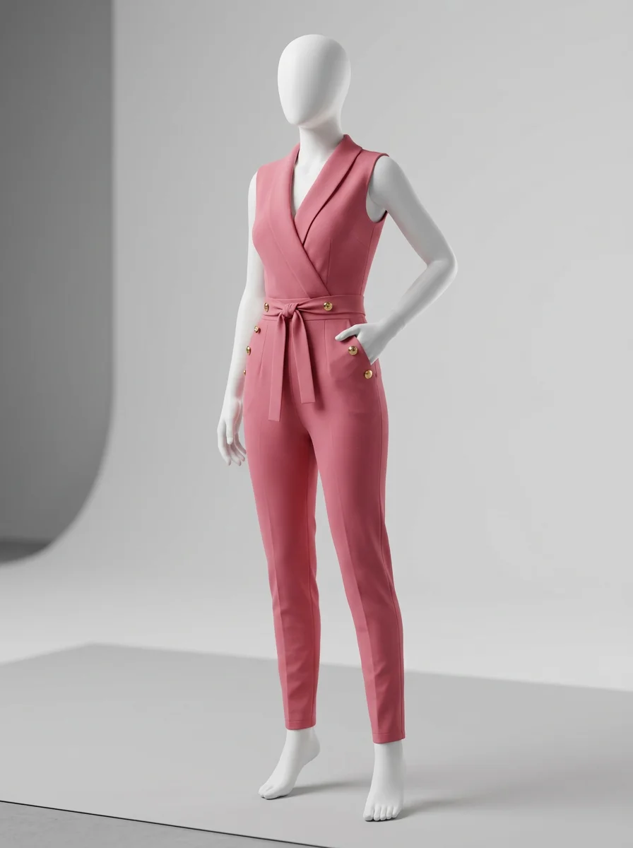Combinaison rose boutons dorés ceinture nouée élégante – Image 2