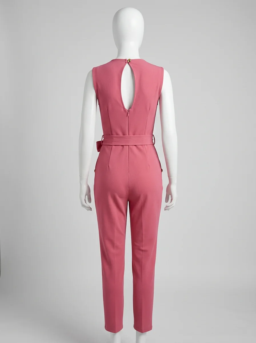 Combinaison rose boutons dorés ceinture nouée élégante – Image 3