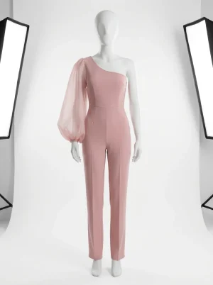 Combinaison rose cérémonie asymétrique manche transparente femme