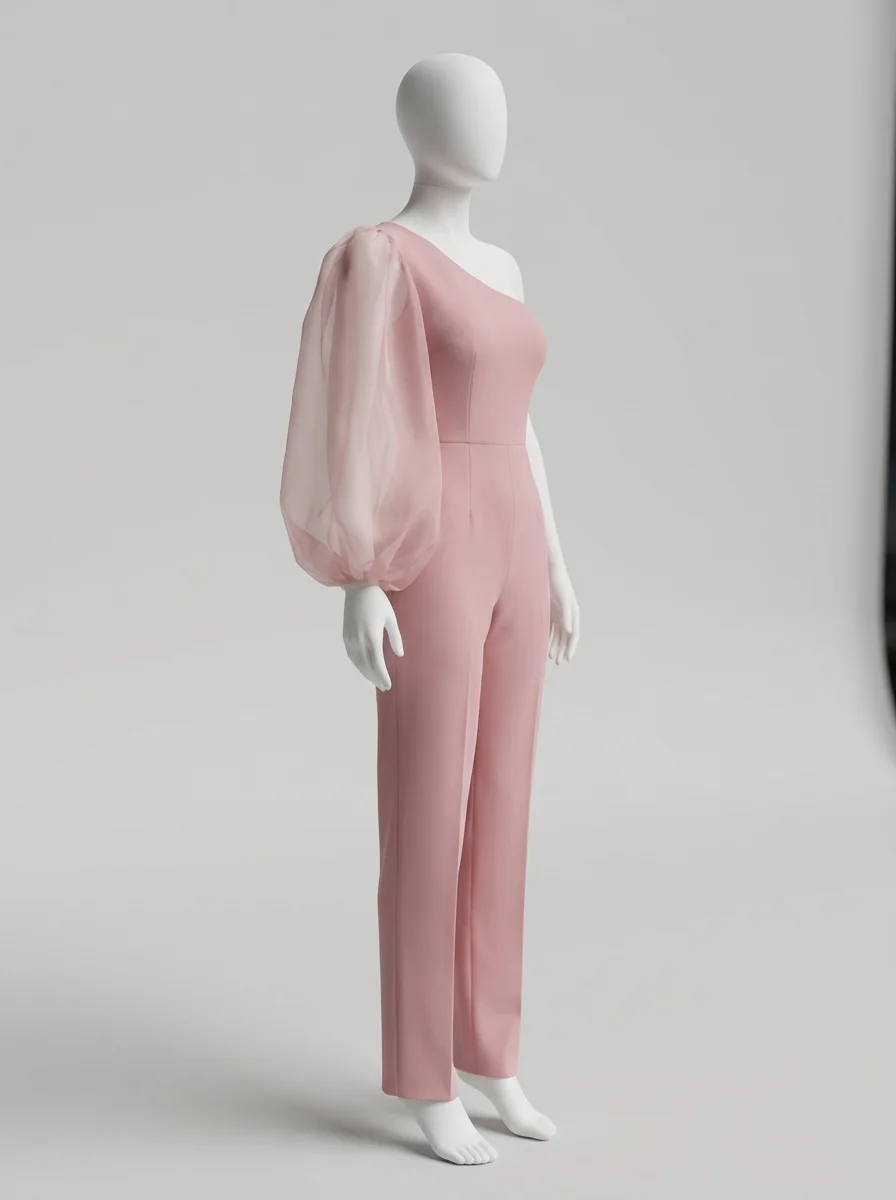 Combinaison rose cérémonie asymétrique manche transparente femme – Image 2