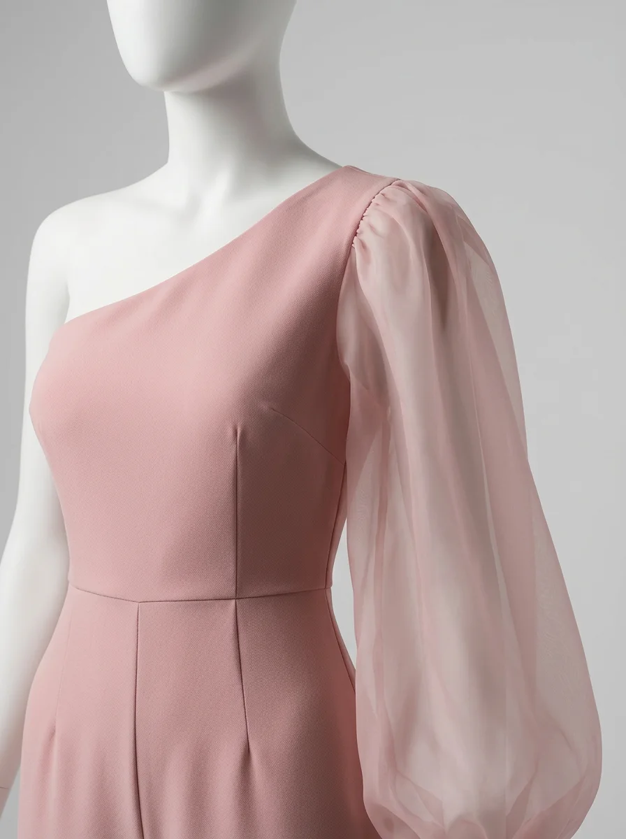 Combinaison rose cérémonie asymétrique manche transparente femme – Image 3