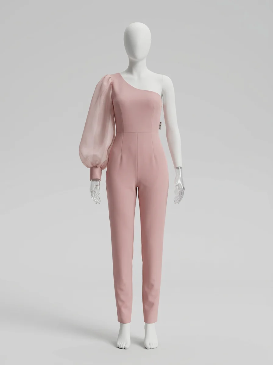 Combinaison rose cérémonie asymétrique manche transparente femme – Image 4