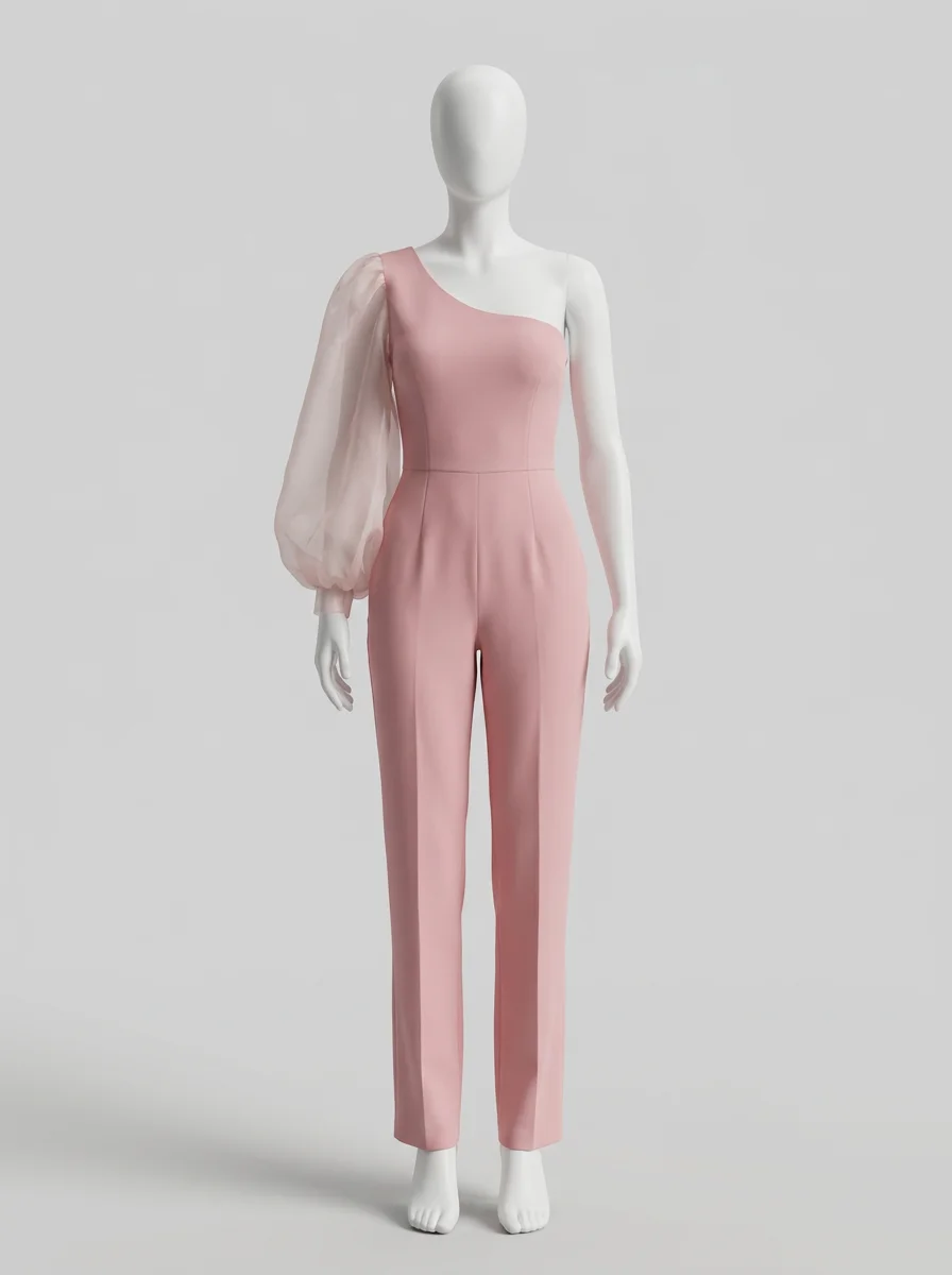 Combinaison rose cérémonie asymétrique manche transparente femme – Image 5