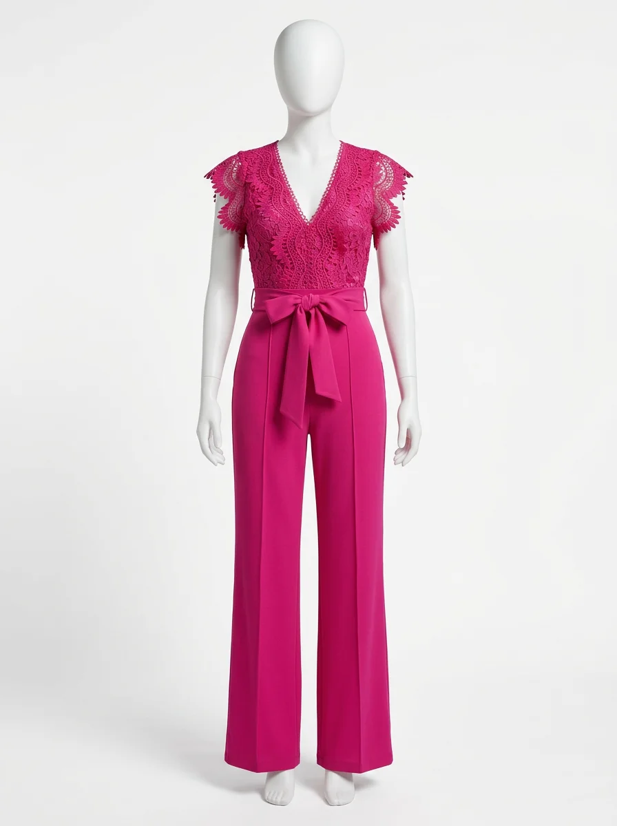 Combinaison rose cérémonie haut dentelle taille nouée femme