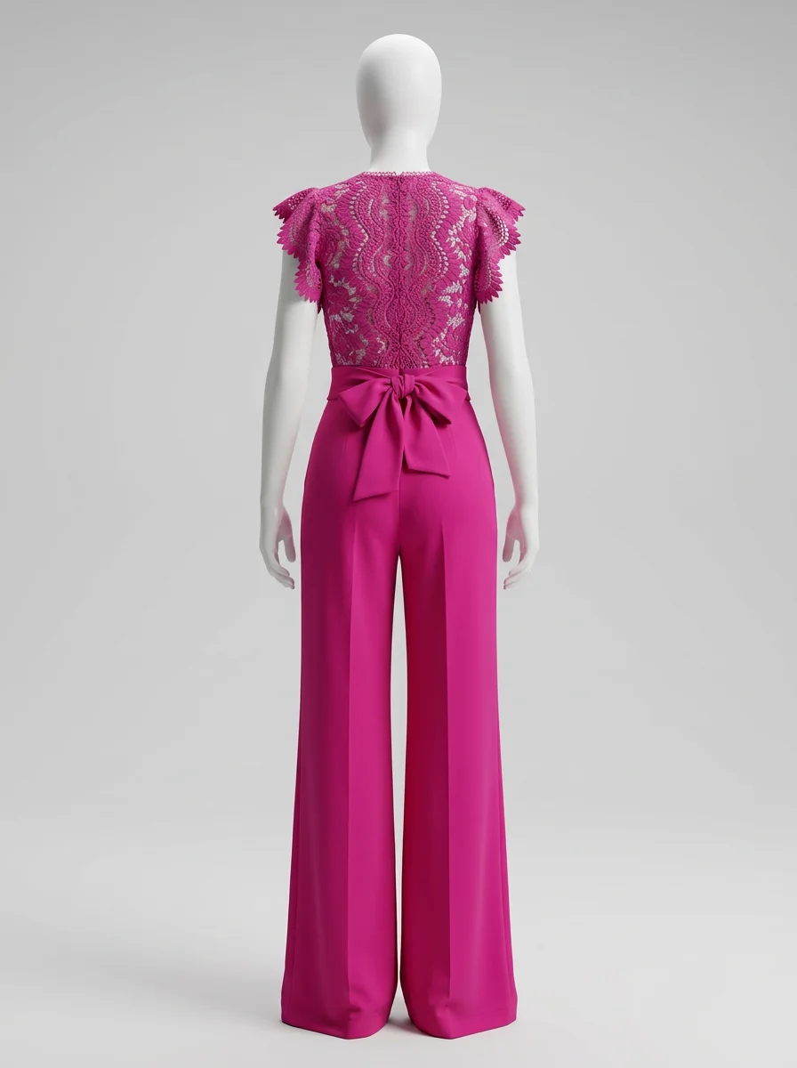 Combinaison rose cérémonie haut dentelle taille nouée femme – Image 2