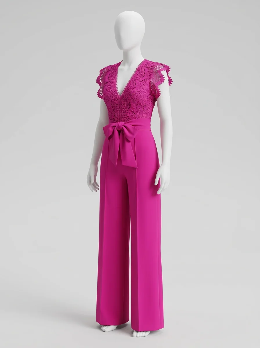 Combinaison rose cérémonie haut dentelle taille nouée femme – Image 3