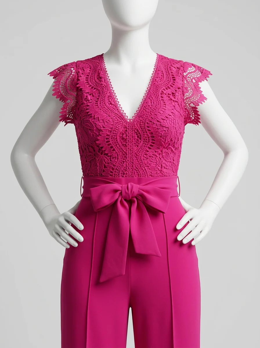 Combinaison rose cérémonie haut dentelle taille nouée femme – Image 4