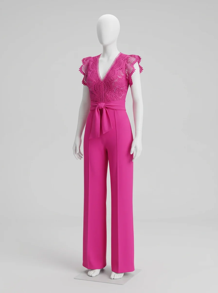 Combinaison rose cérémonie haut dentelle taille nouée femme – Image 5