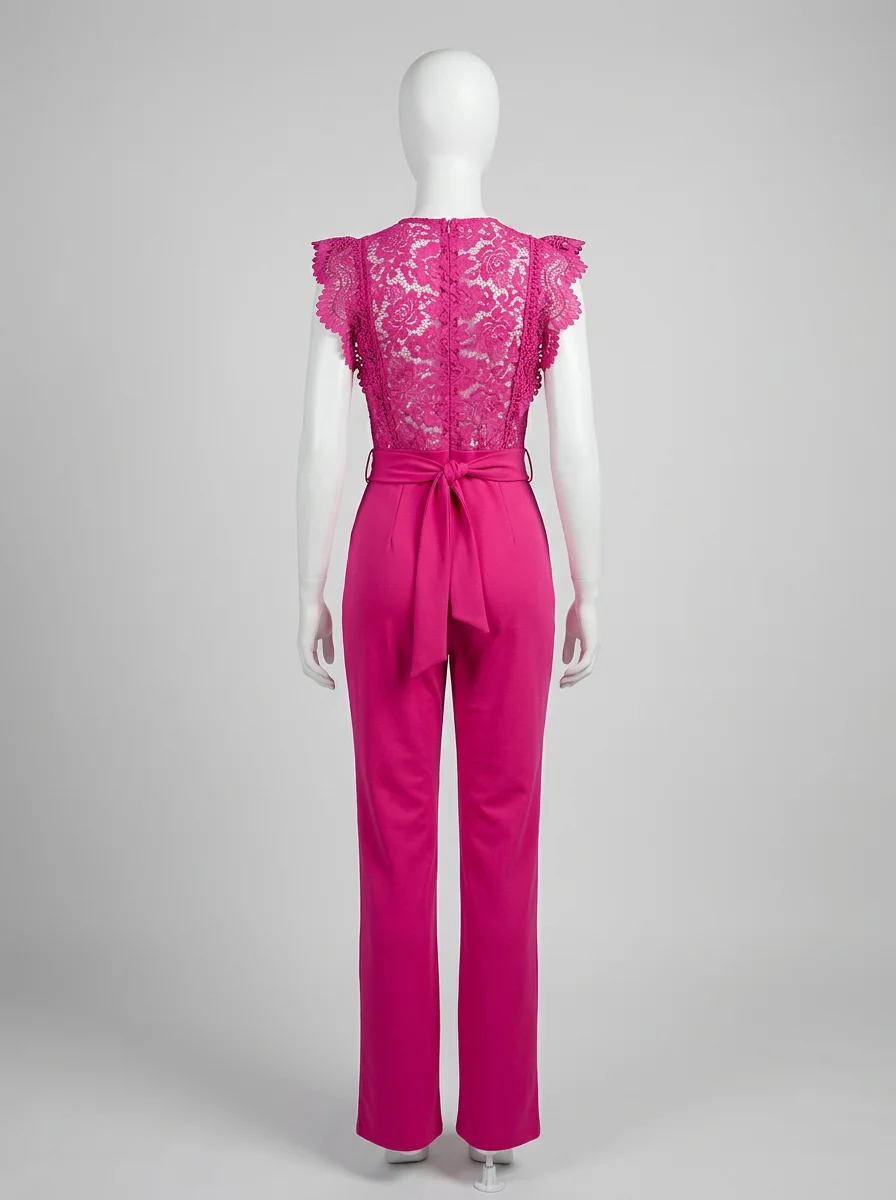 Combinaison rose cérémonie haut dentelle taille nouée femme – Image 6