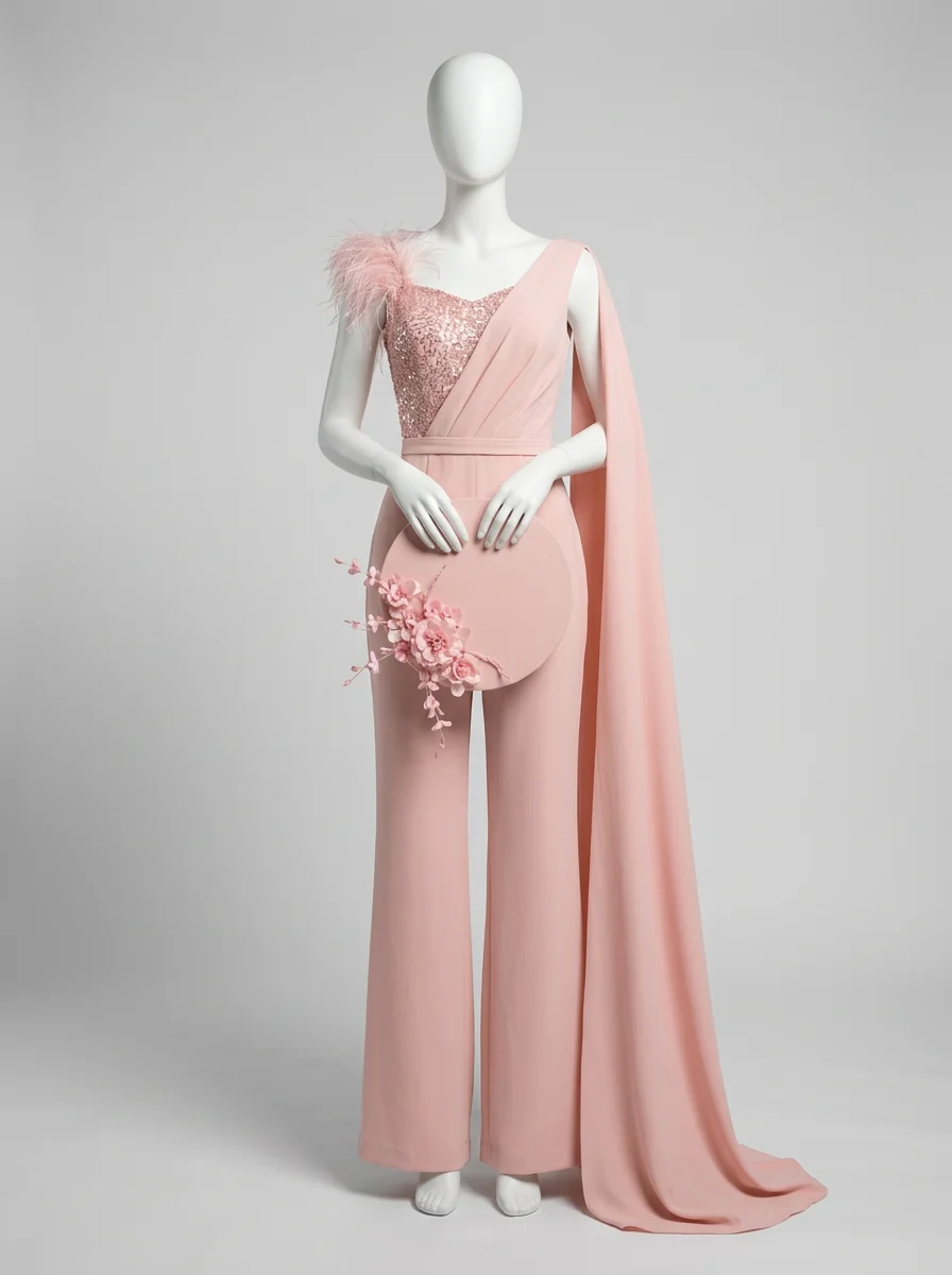 Combinaison rose cocktail drapée sophistiquée femme – Image 4