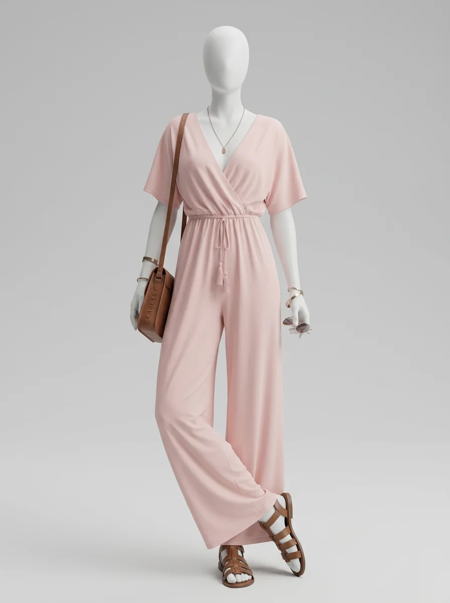 Combinaison rose coton manches courtes pompons femme – Image 3