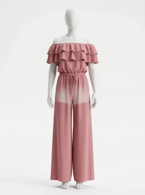 Combinaison rose épaules nues volants plage femme