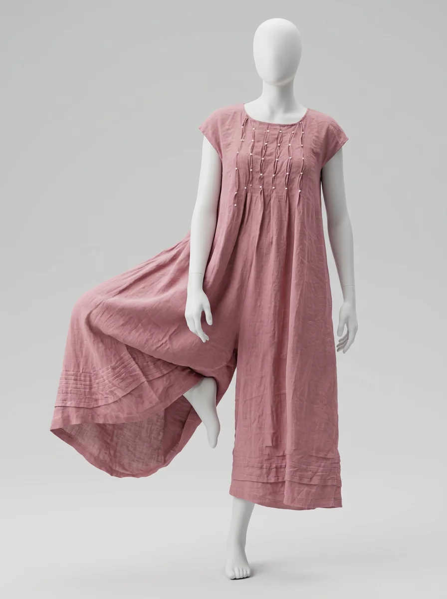 Combinaison rose fluide buste plissé décontractée femme – Image 3