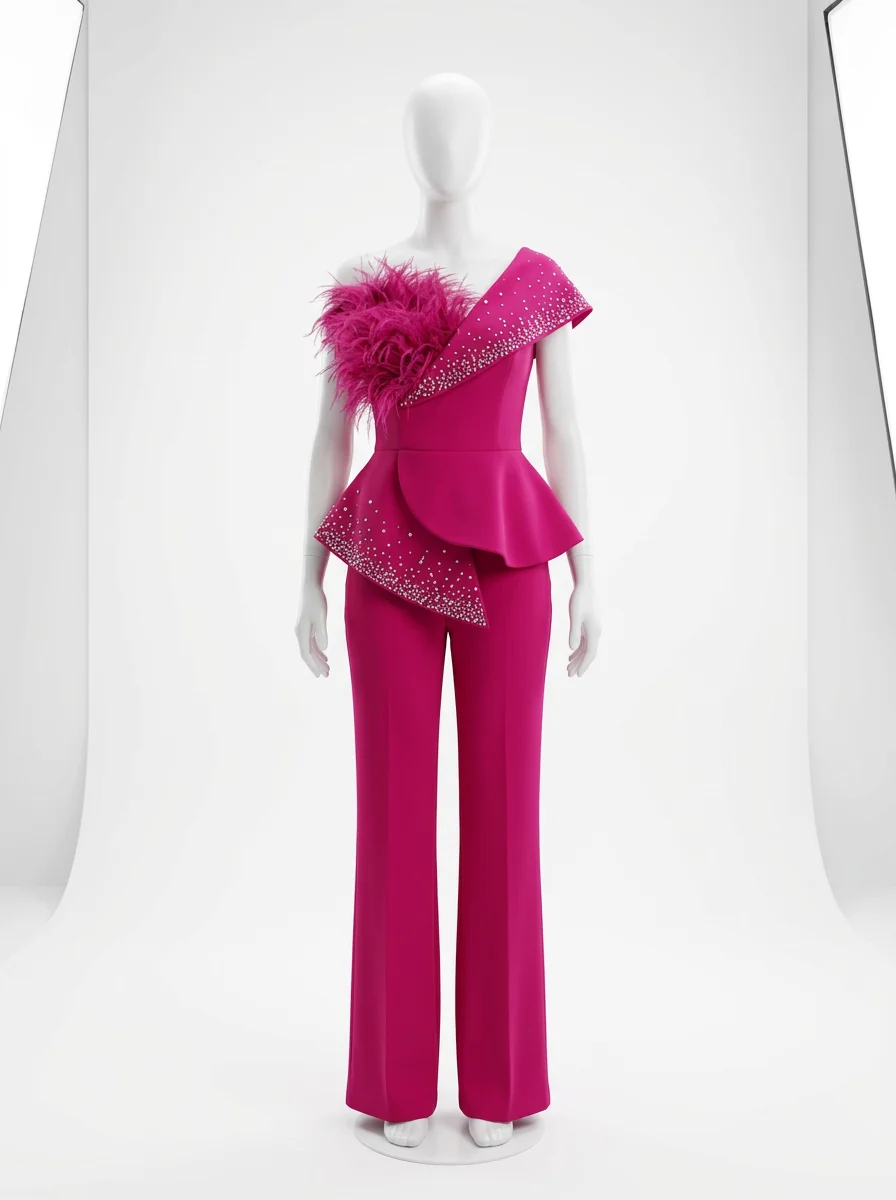Combinaison rose grande taille cérémonie asymétrique plumes