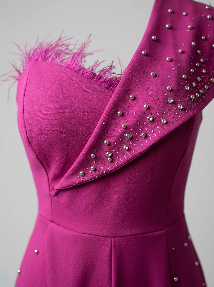 Combinaison rose grande taille cérémonie asymétrique plumes – Image 6