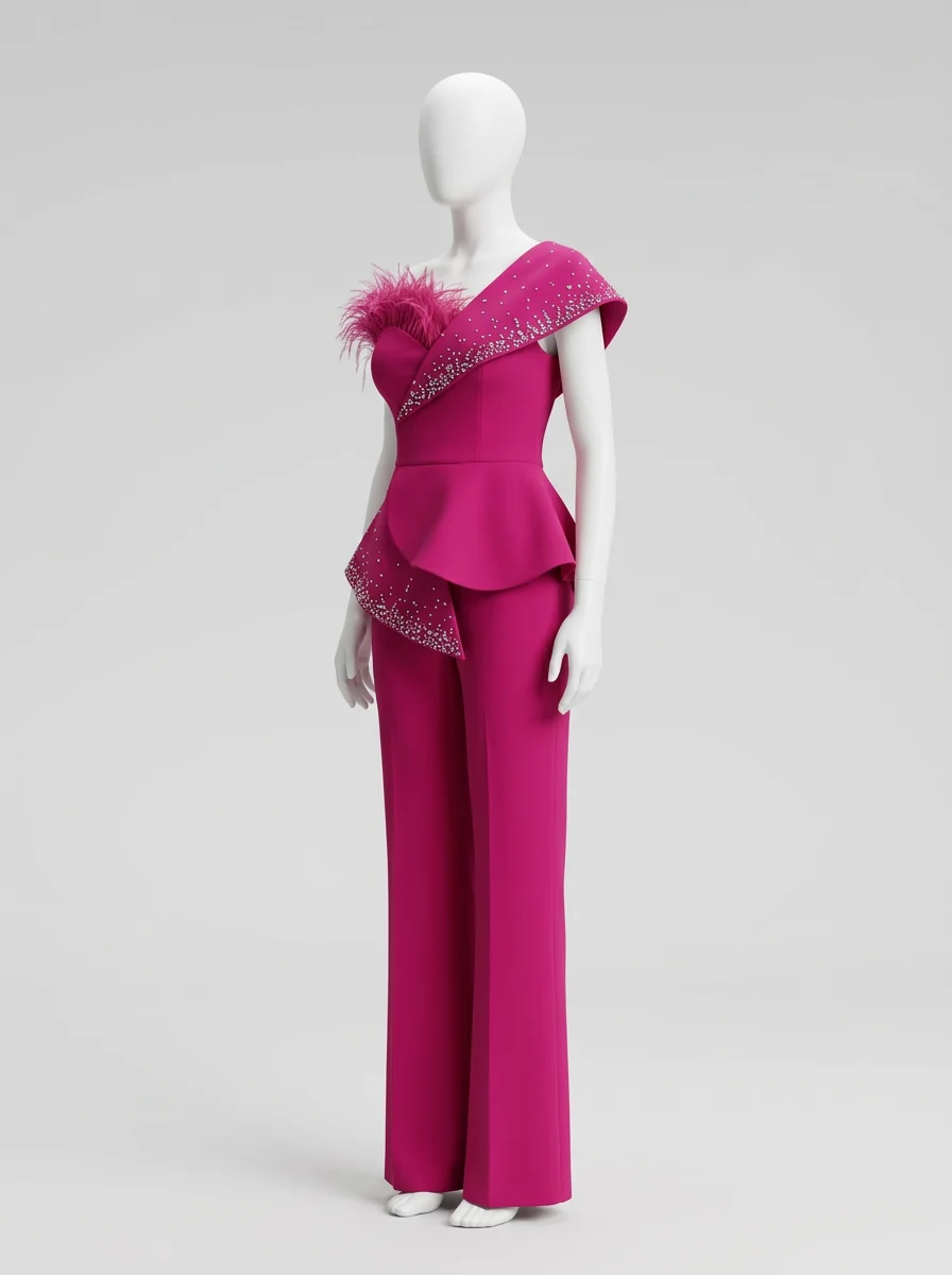 Combinaison rose grande taille cérémonie asymétrique plumes – Image 2