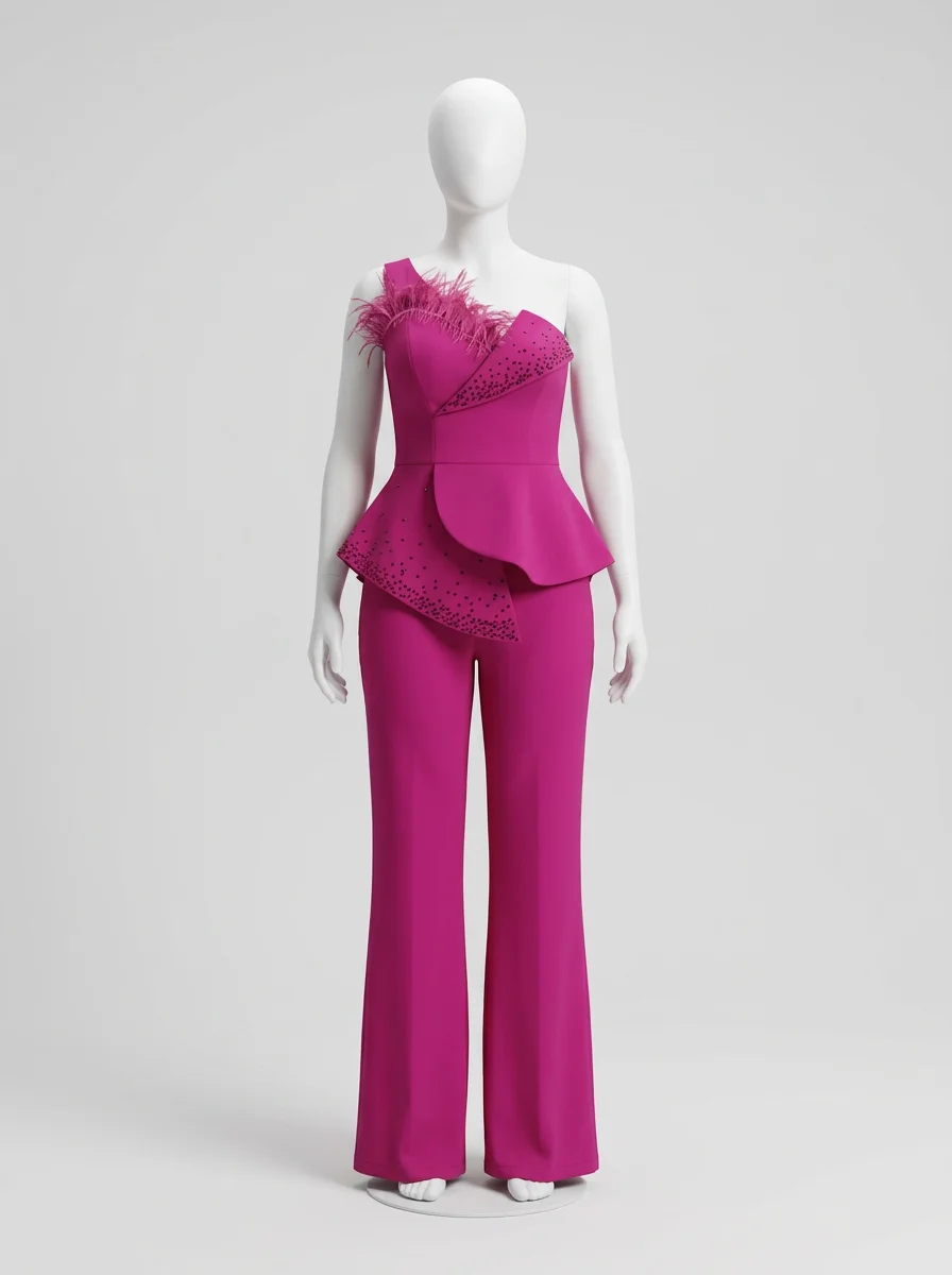 Combinaison rose grande taille cérémonie asymétrique plumes – Image 5