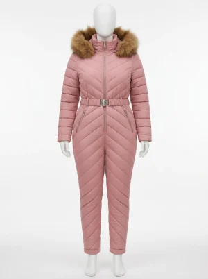 Combinaison rose grande taille ski capuche fourrure femme