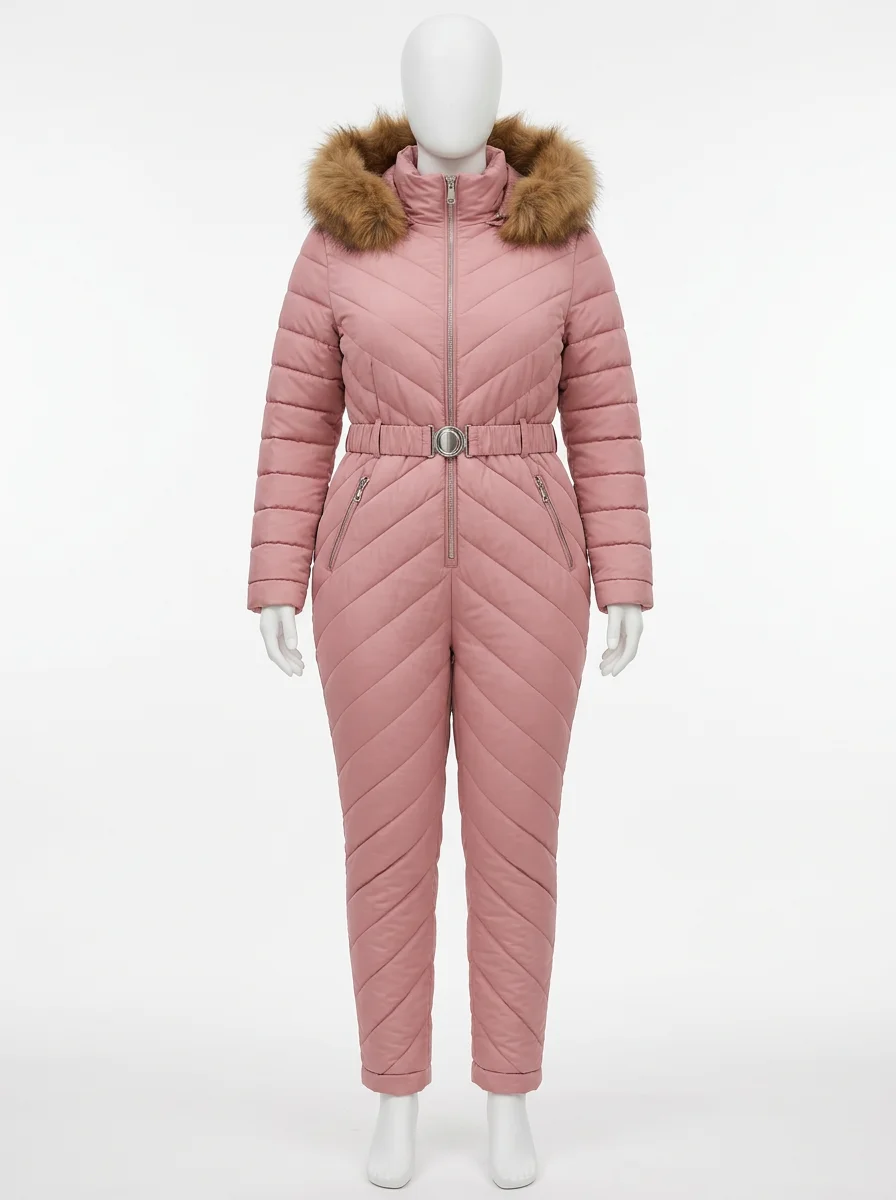 Combinaison rose grande taille ski capuche fourrure femme