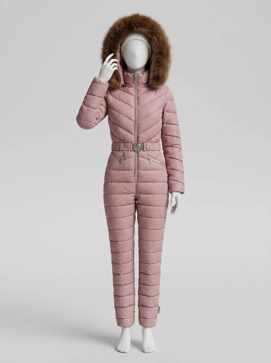 Combinaison rose grande taille ski capuche fourrure femme – Image 6