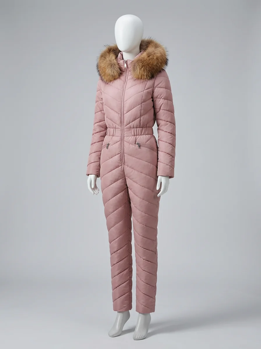 Combinaison rose grande taille ski capuche fourrure femme – Image 7