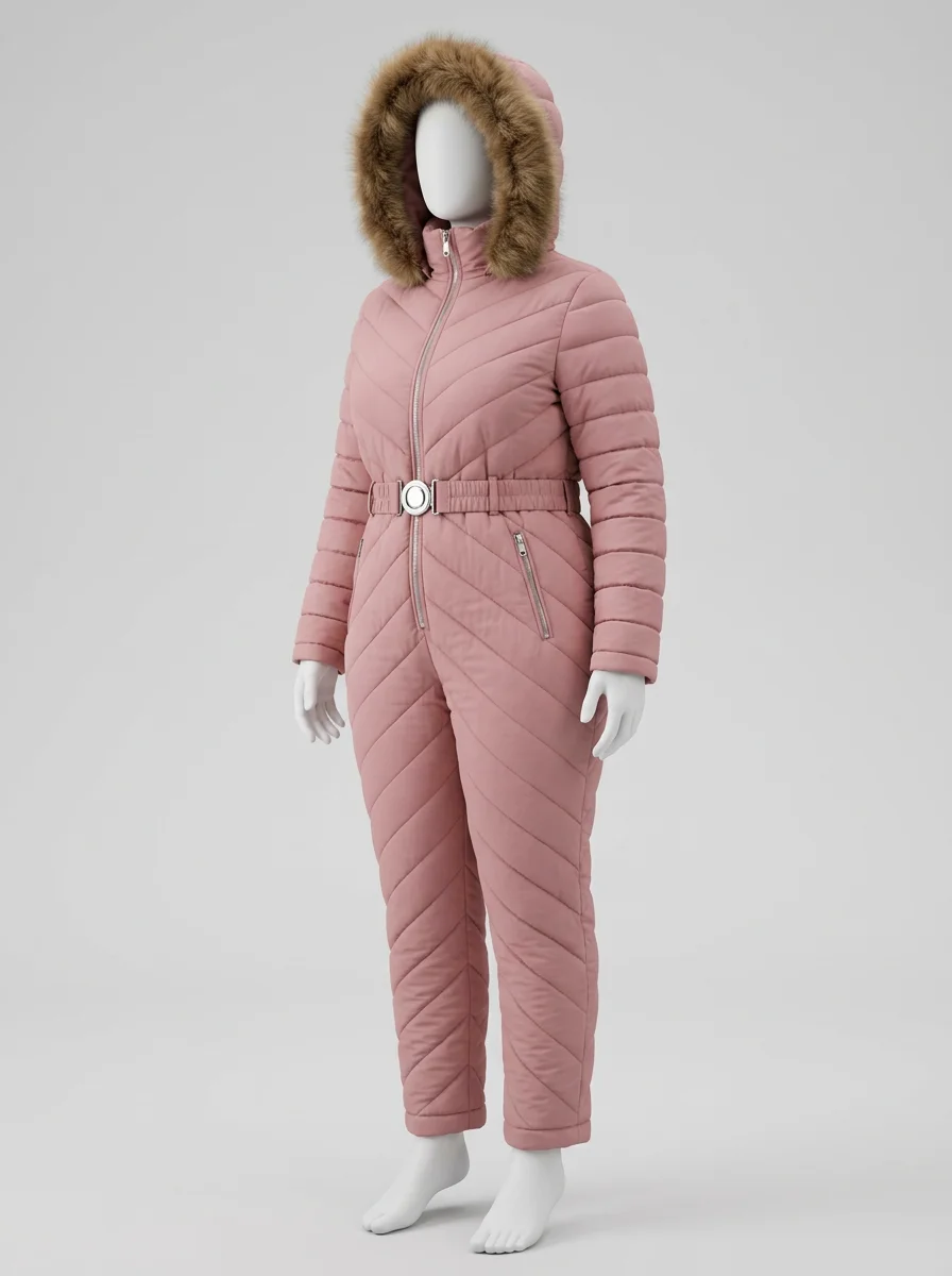 Combinaison rose grande taille ski capuche fourrure femme – Image 2