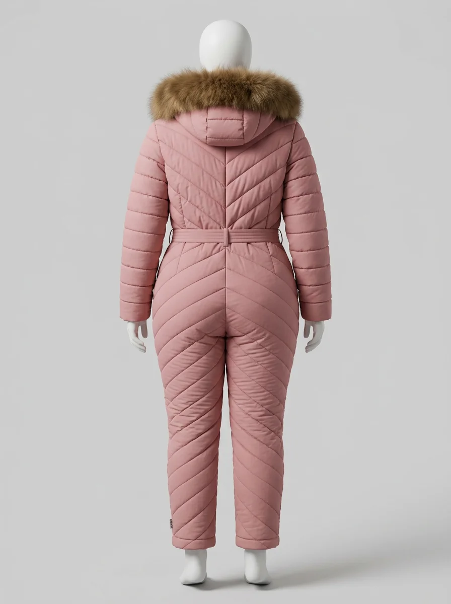 Combinaison rose grande taille ski capuche fourrure femme – Image 3