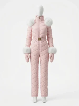 Combinaison rose hiver chic col fourrure femme