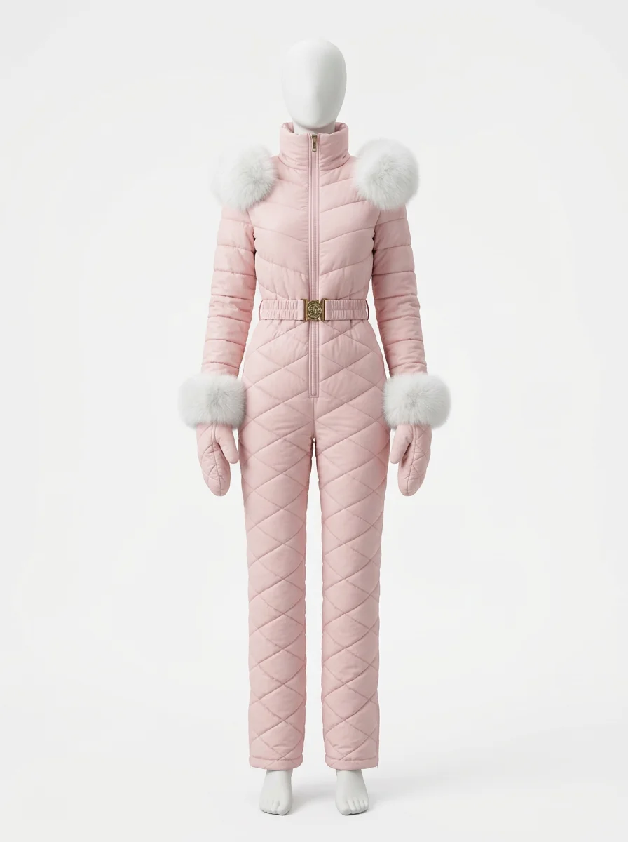 Combinaison rose hiver chic col fourrure femme