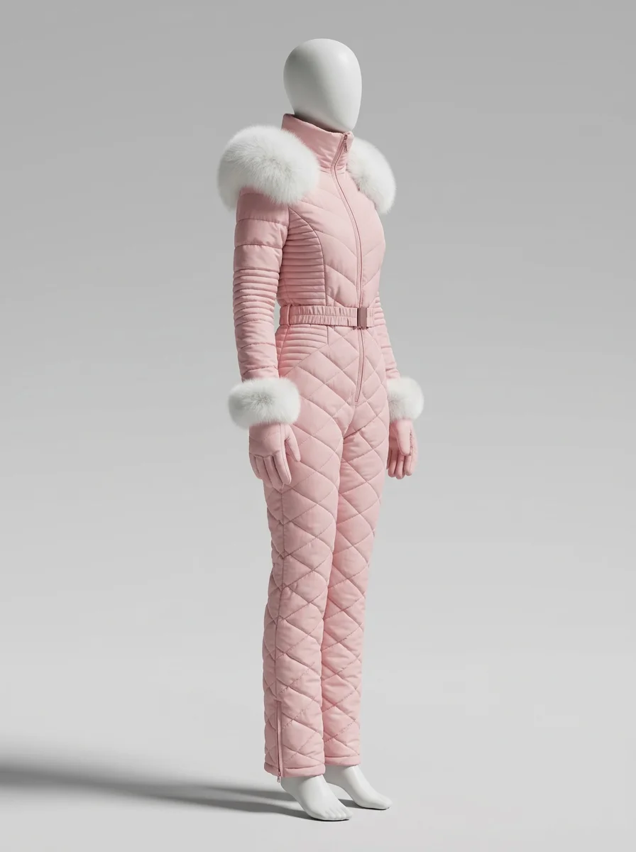 Combinaison rose hiver chic col fourrure femme – Image 2