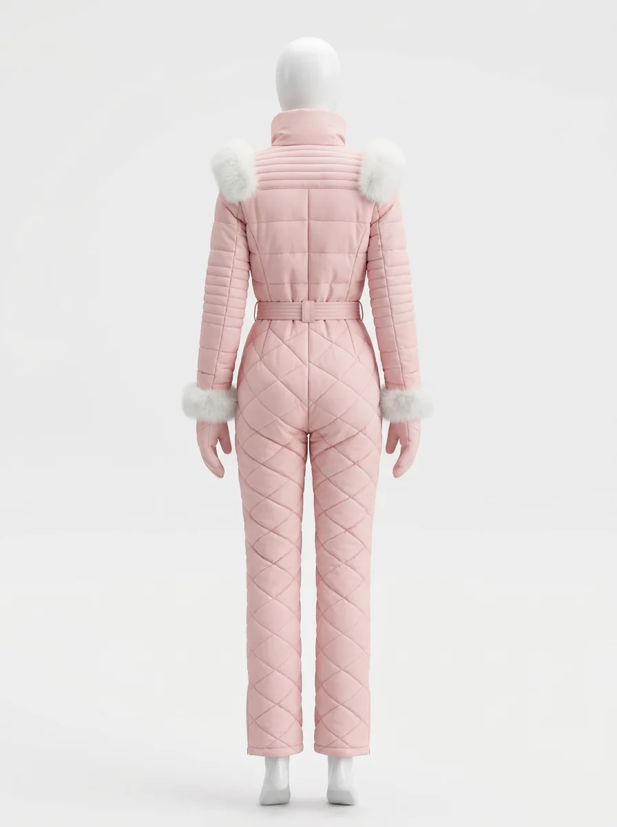 Combinaison rose hiver chic col fourrure femme – Image 3