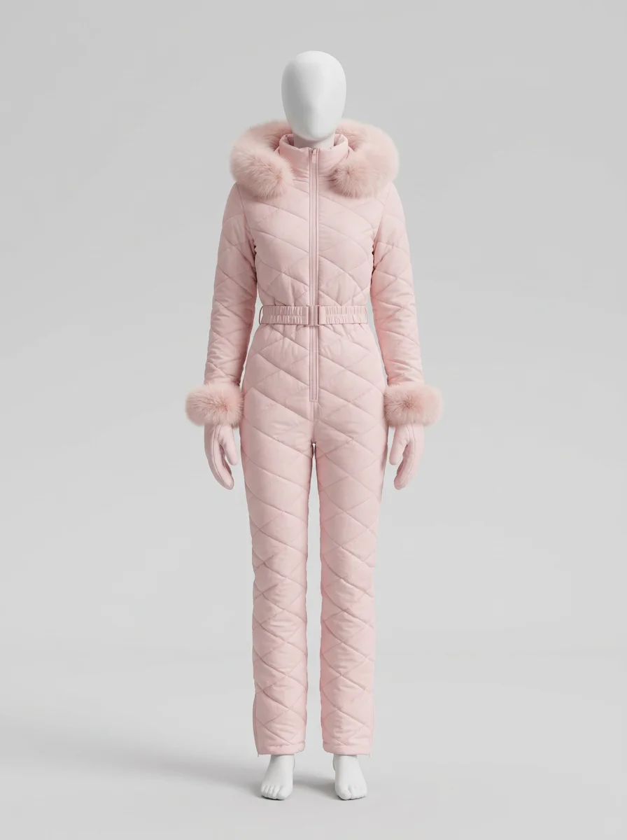 Combinaison rose hiver chic col fourrure femme – Image 4