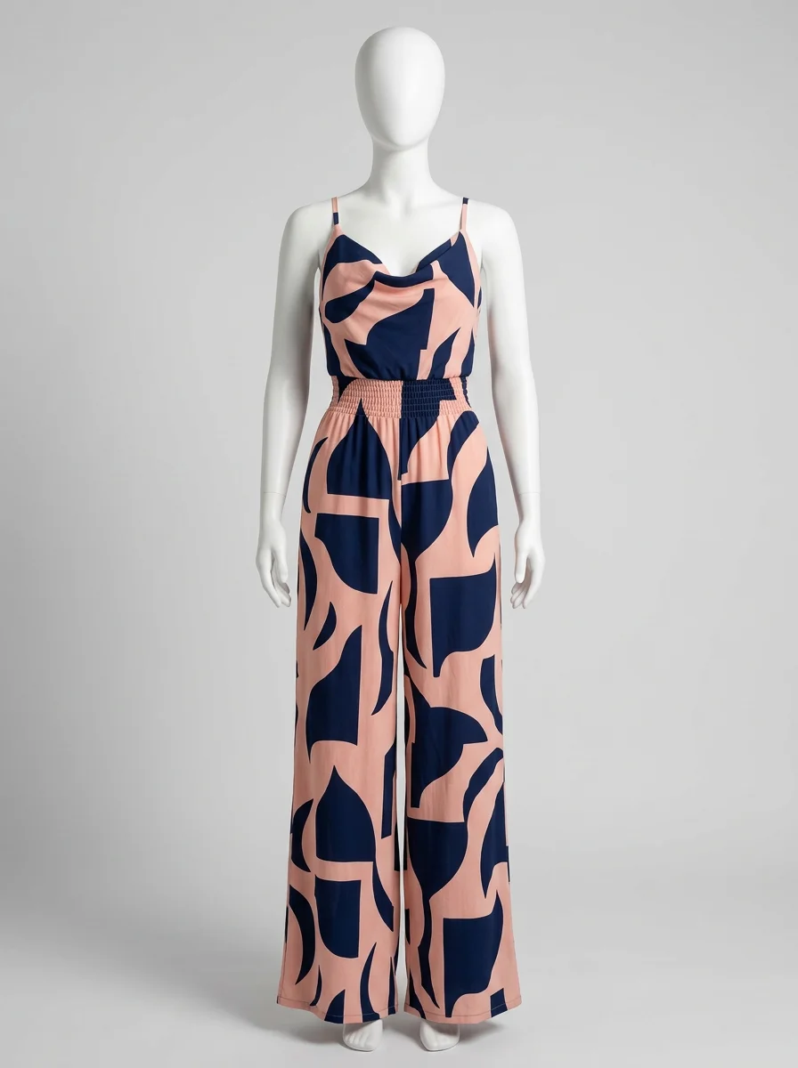 Combinaison rose imprimé graphique fluide femme