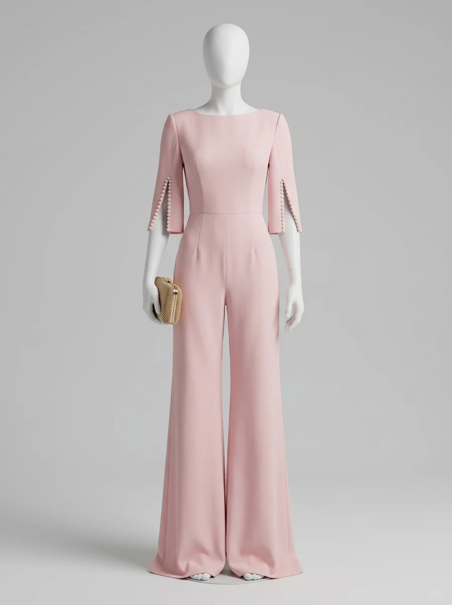 Combinaison rose manches fendues perles habillée femme – Image 4