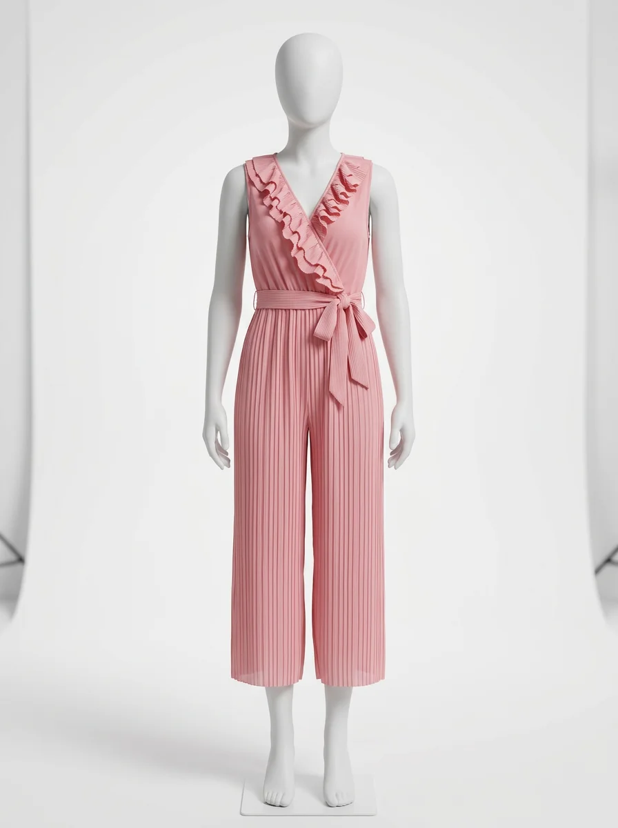 Combinaison rose plissée décolleté v volanté femme
