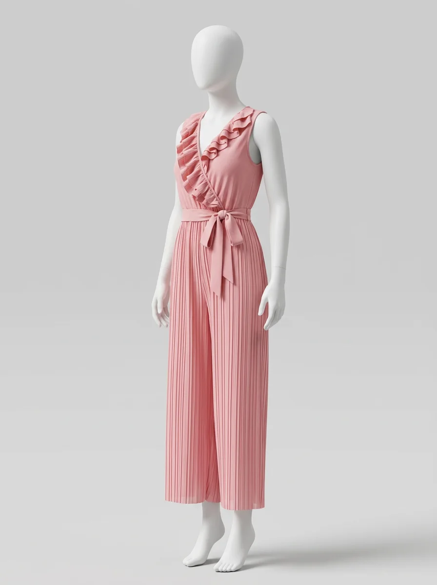 Combinaison rose plissée décolleté v volanté femme – Image 2