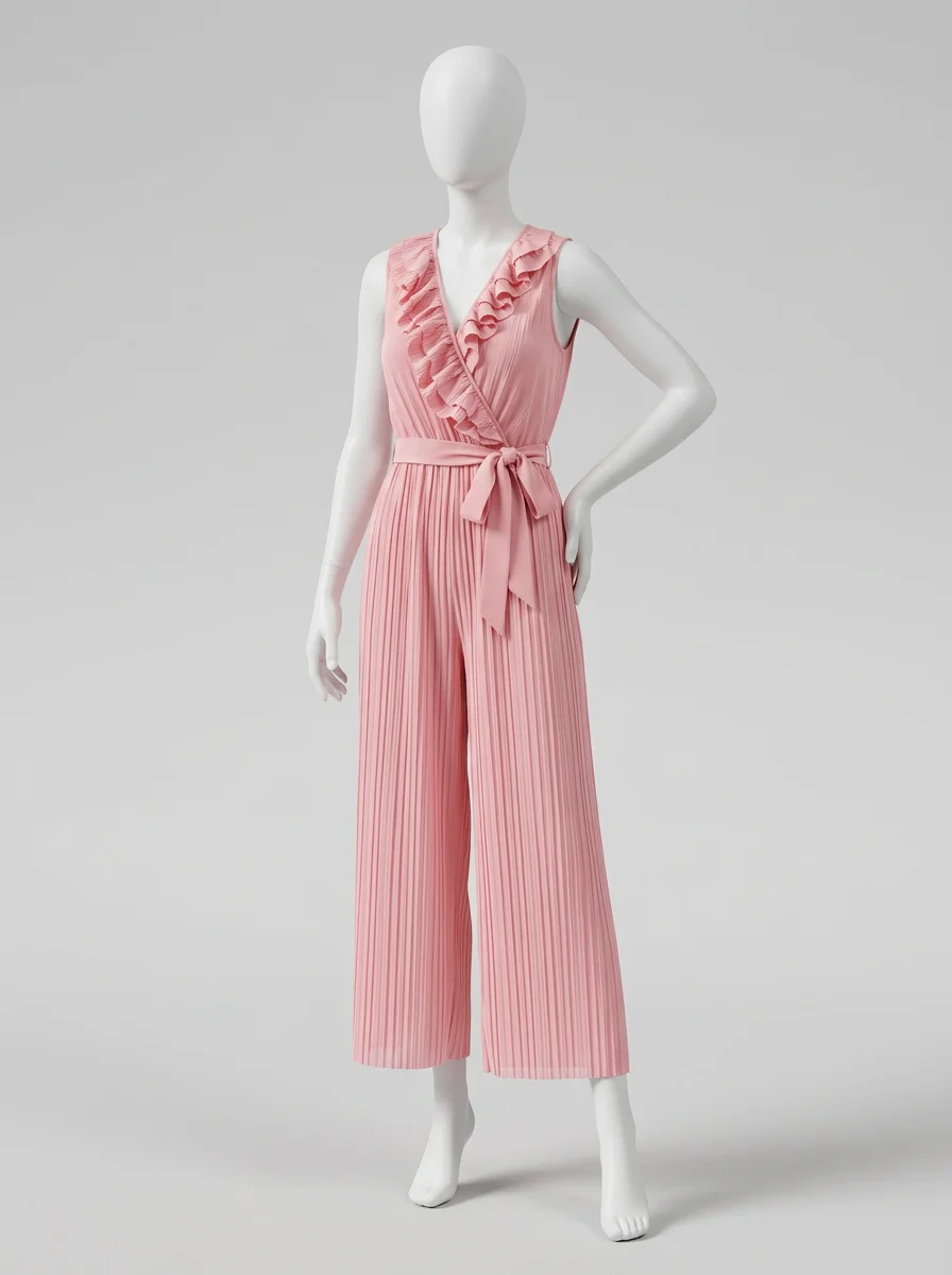 Combinaison rose plissée décolleté v volanté femme – Image 5