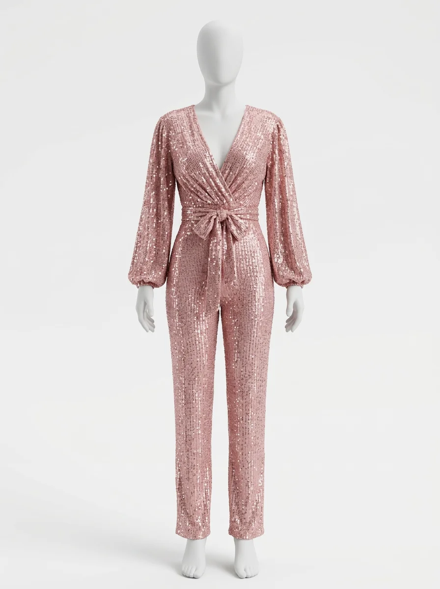 Combinaison rose scintillante décolleté v ceinture femme