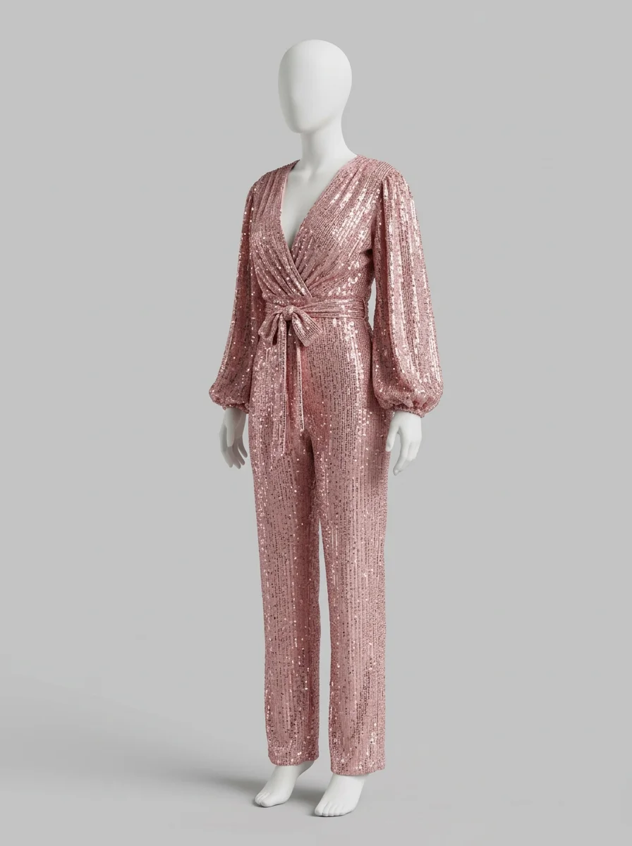 Combinaison rose scintillante décolleté v ceinture femme – Image 2