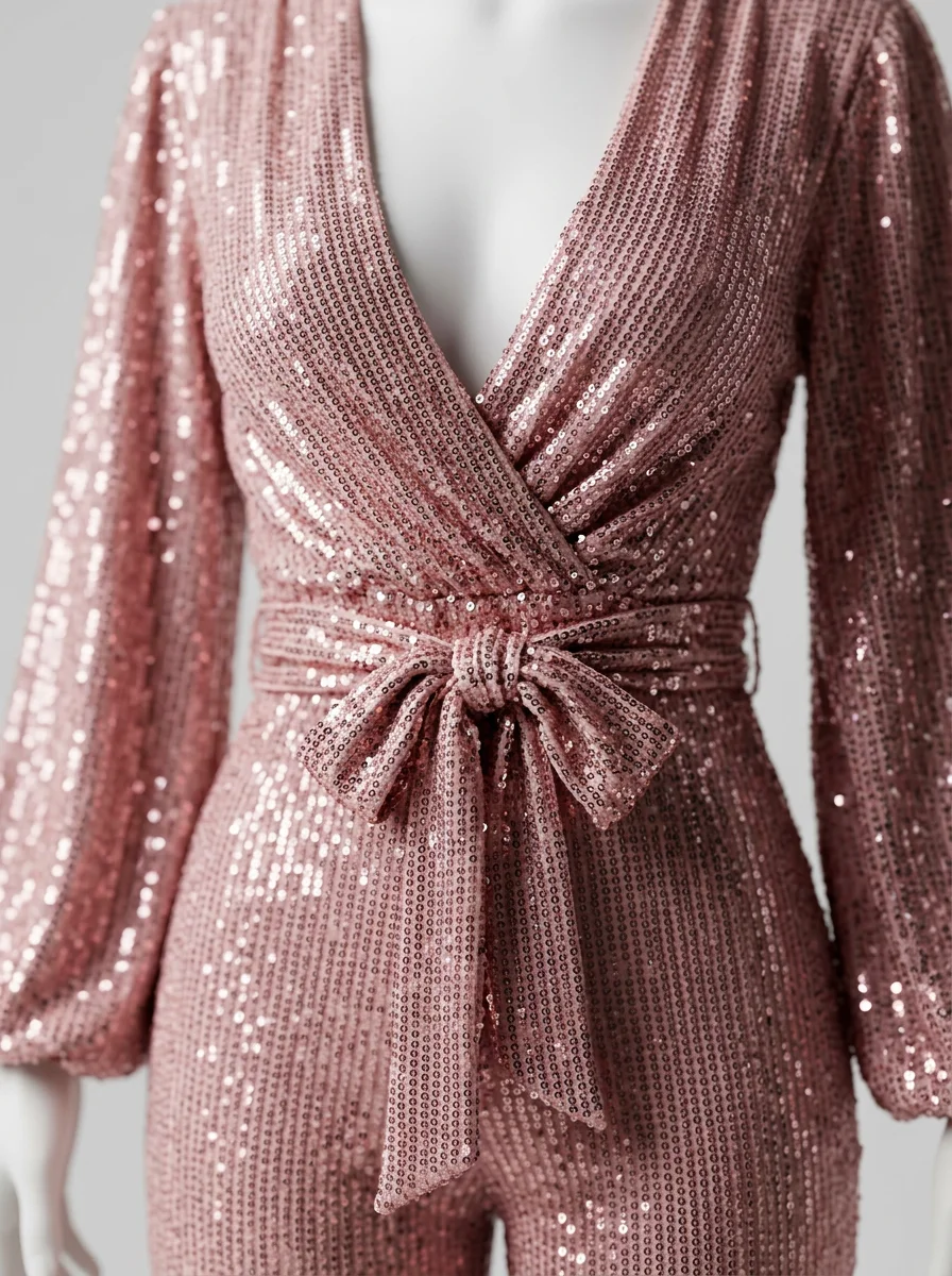 Combinaison rose scintillante décolleté v ceinture femme – Image 3
